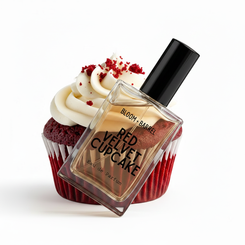 A perfume bottle labeled 'BLOOM • BARREL RED VELVET CUPCAKE Eau de Parfum' centered in front of a red velvet cupcake with white frosting and red crumbs, on a plain white background.