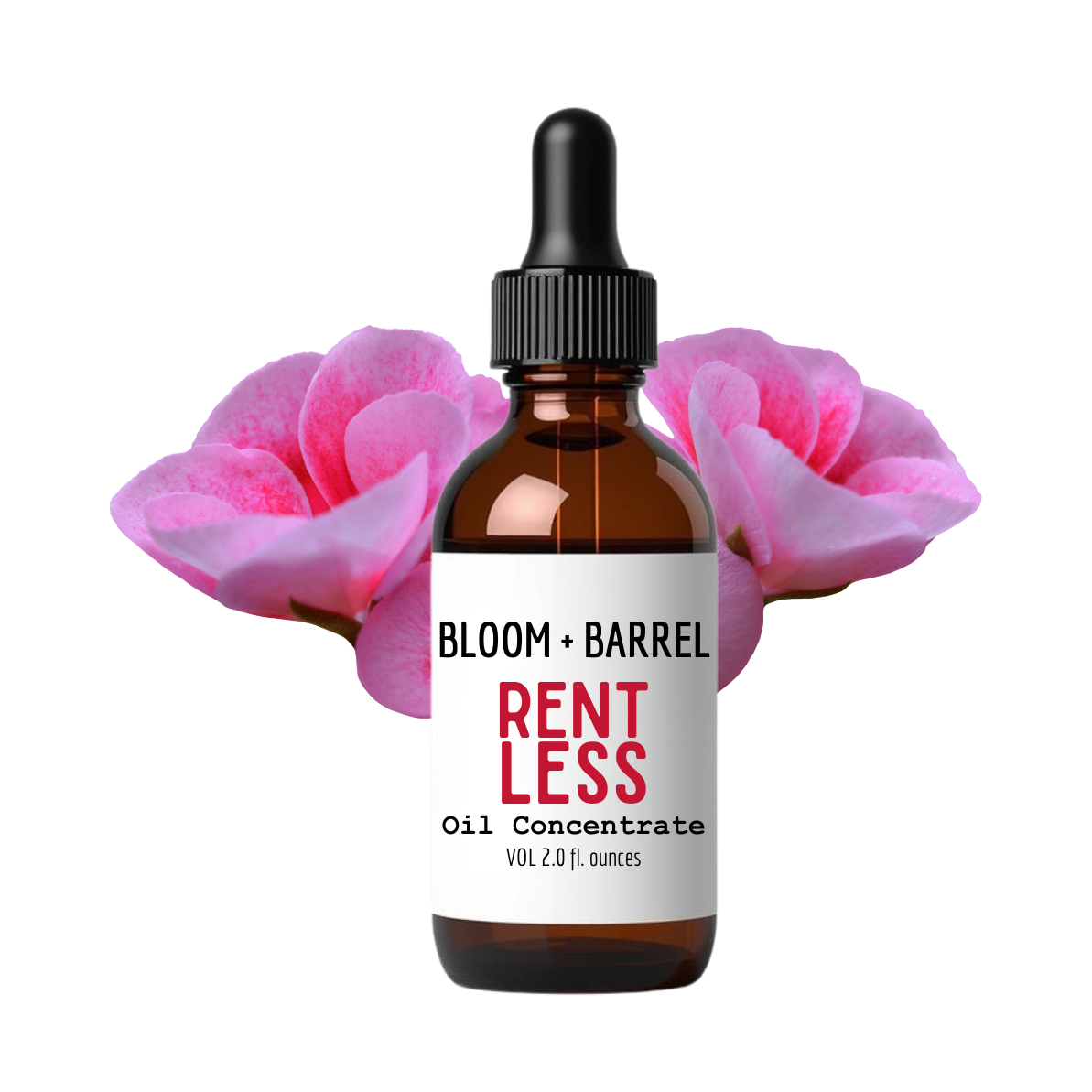 Bottle of 'Rent Less' oil concentrate with a dropper, surrounded by pink flowers on a white background.