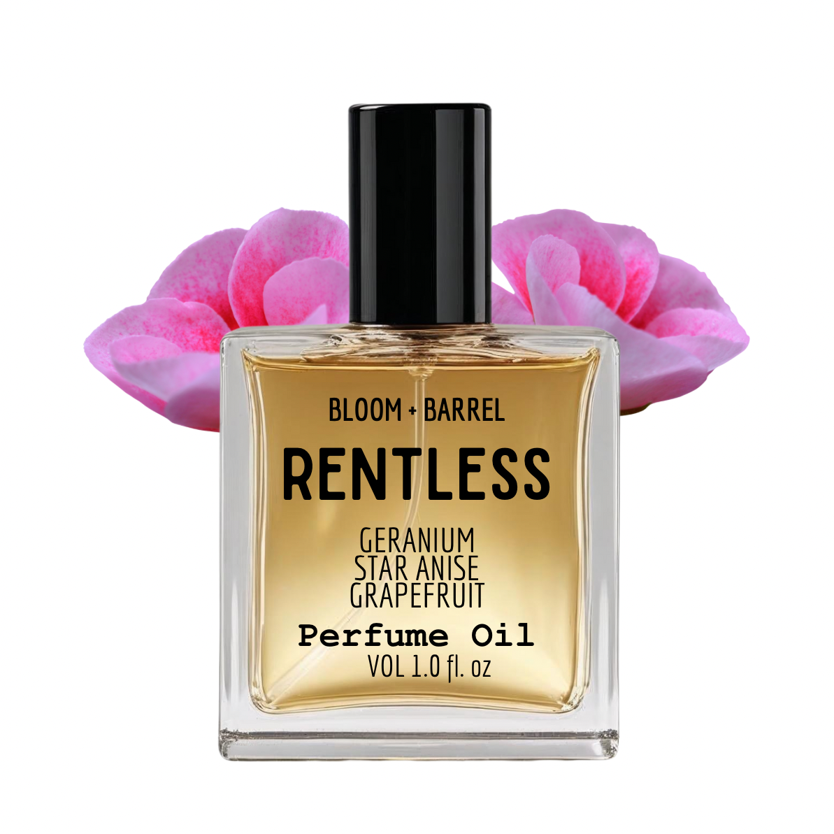 Perfume oil bottle labeled 'Rentless' with pink flowers in the background