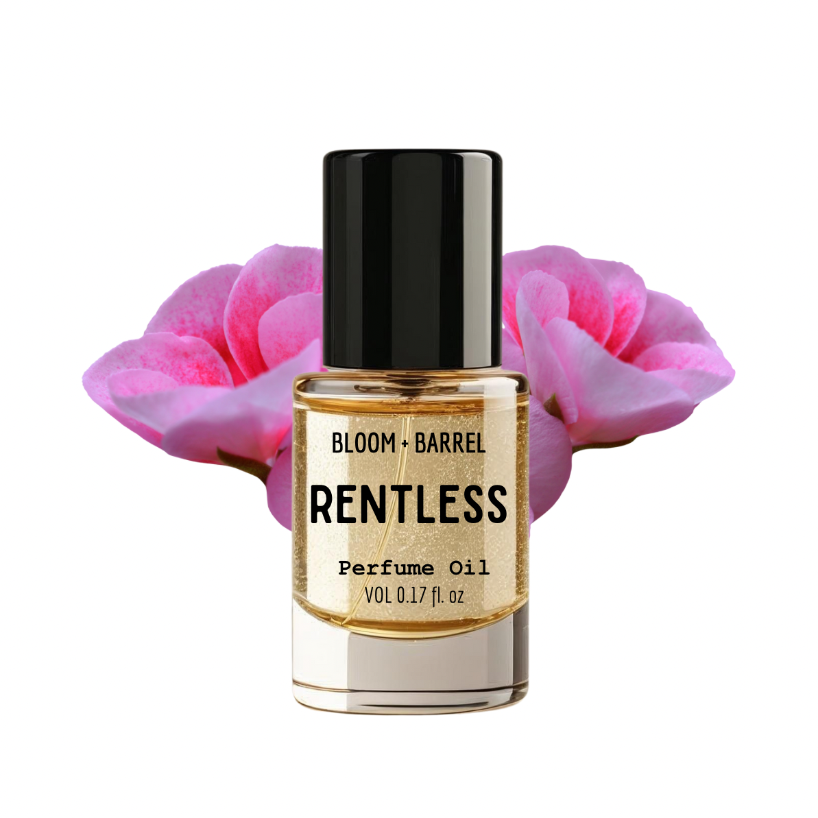 Perfume oil bottle labeled 'Rentless' with pink flowers on a white background