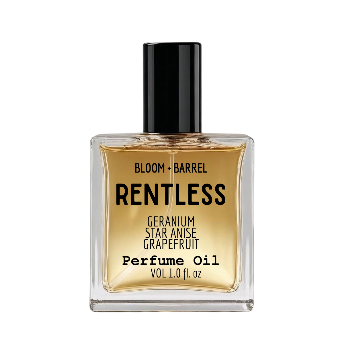 Perfume oil bottle labeled 'Rentless' by Bloom & Barrel on a white background