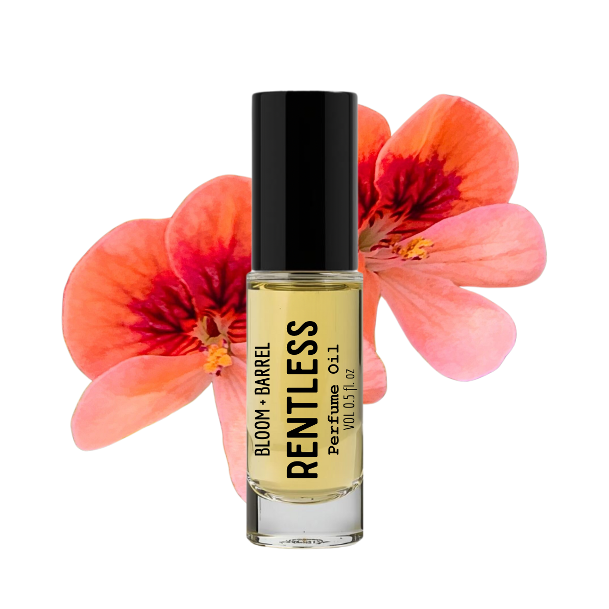 Perfume bottle labeled 'Rentless' with a pink flower on a white background