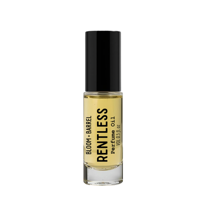 Perfume bottle labeled 'Rentless' by 'Bloom & Barrel' on a white background