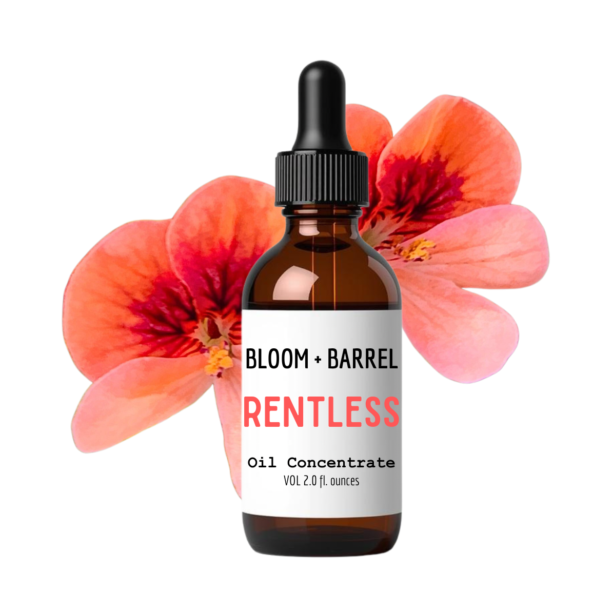 Bottle of Bloom + Barrel Rentless Oil Concentrate with a dropper against a white background