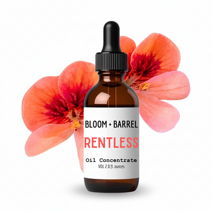 Bottle of Bloom + Barrel Rentless Oil Concentrate with a dropper against a white background