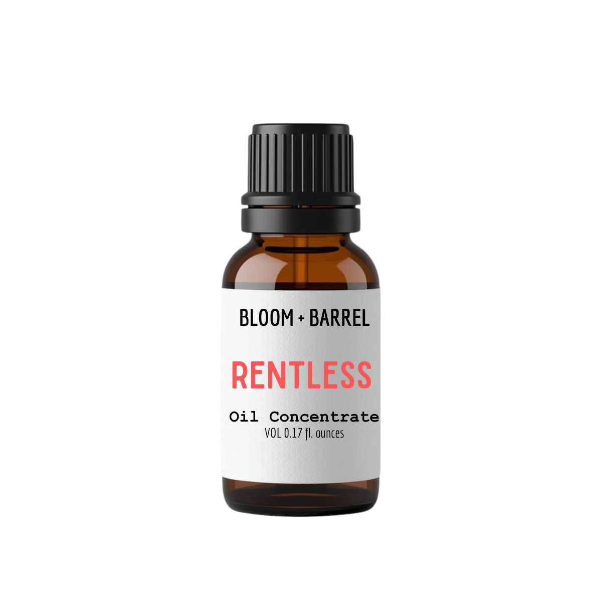 Bottle of 'Rentless' oil concentrate by Bloom & Barrel on a white background