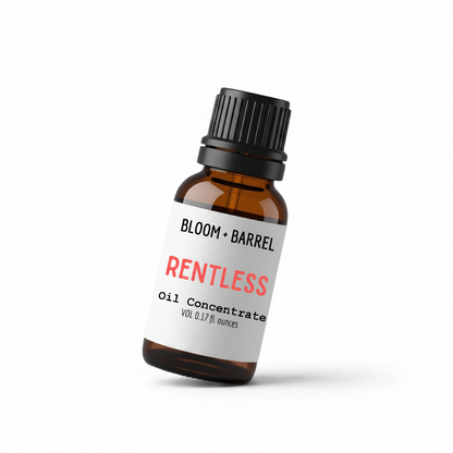 Bottle of 'Rentless' oil concentrate by Bloom & Barrel on a white background