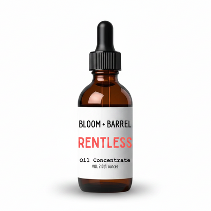 Bottle of Bloom + Barrel Rentless Oil Concentrate on a white background