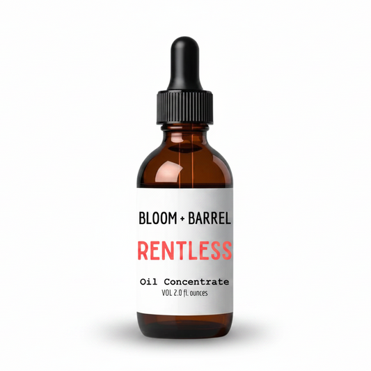 Bottle of Bloom + Barrel Rentless Oil Concentrate on a white background