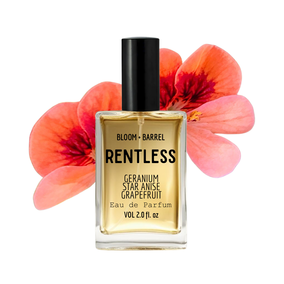 Bottle of Rentless perfume with floral background