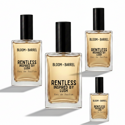 Four bottles of Bloom + Barrel rentless Eau de Parfum in different sizes, arranged on a plain white background.