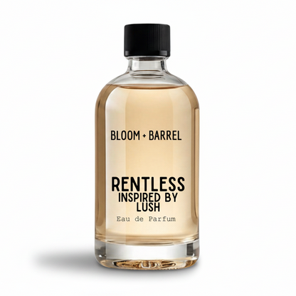 A clear glass bottle of Bloom Barrel Rentless Inspired By Lush Eau de Parfum with a black cap, containing a light amber liquid, on a solid white background.