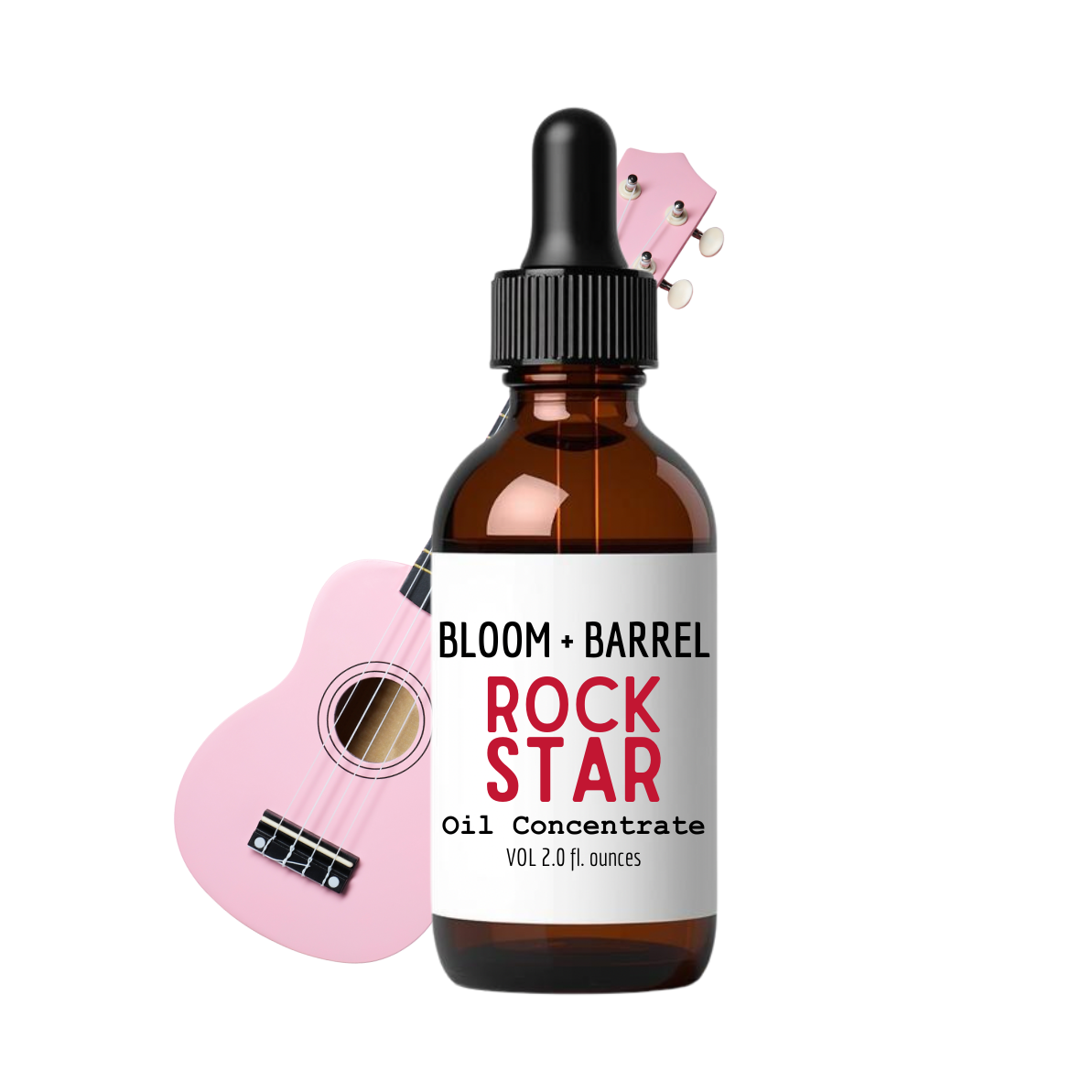 Bottle of Bloom + Barrel Rock Star Oil Concentrate with a pink miniature guitar on a white background