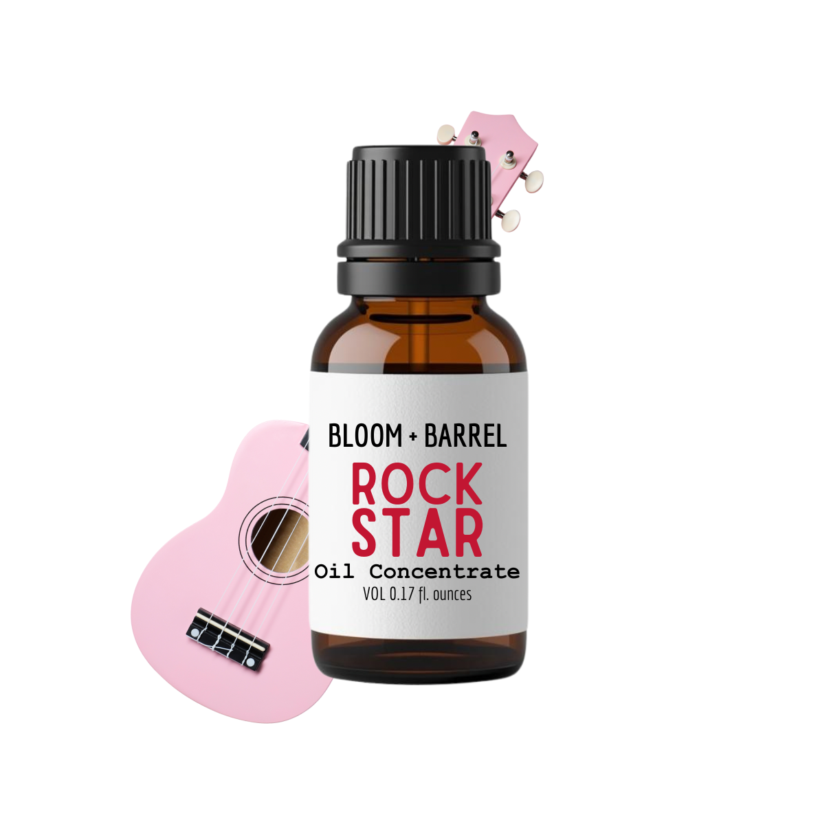 Bottle of Bloom & Barrel Rock Star Oil Concentrate with a small pink guitar on a white background