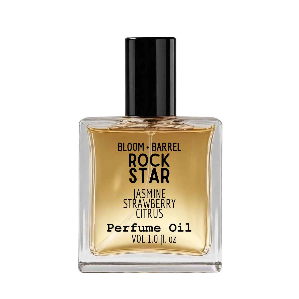 Perfume oil bottle labeled 'Rock Star' by Bloom & Barrel on a white background