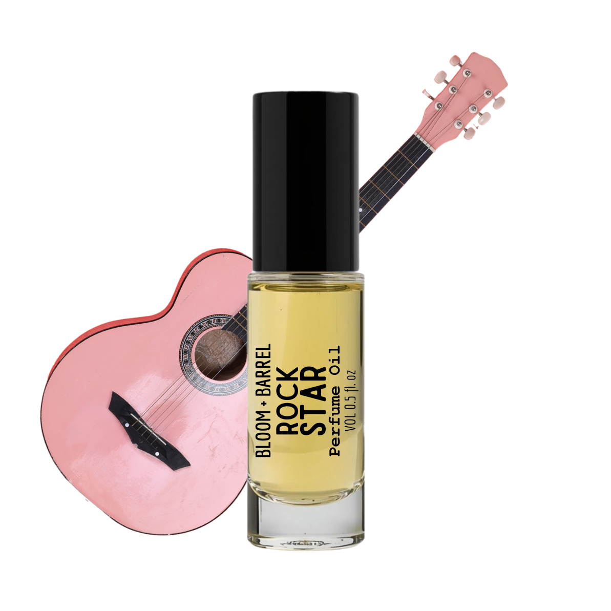 Perfume bottle labeled 'Rock Star' by Bloom & Barrel with a pink guitar on a white background