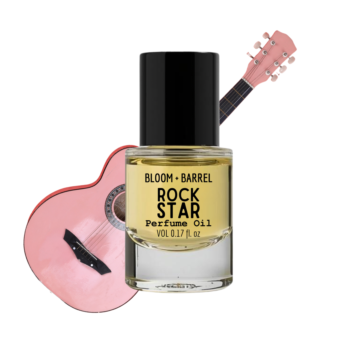 Bottle of 'Rock Star' perfume oil with a pink guitar-shaped object on a white background