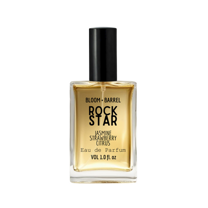 Perfume bottle labeled 'Rock Star' by Bloom & Barrel on a white background