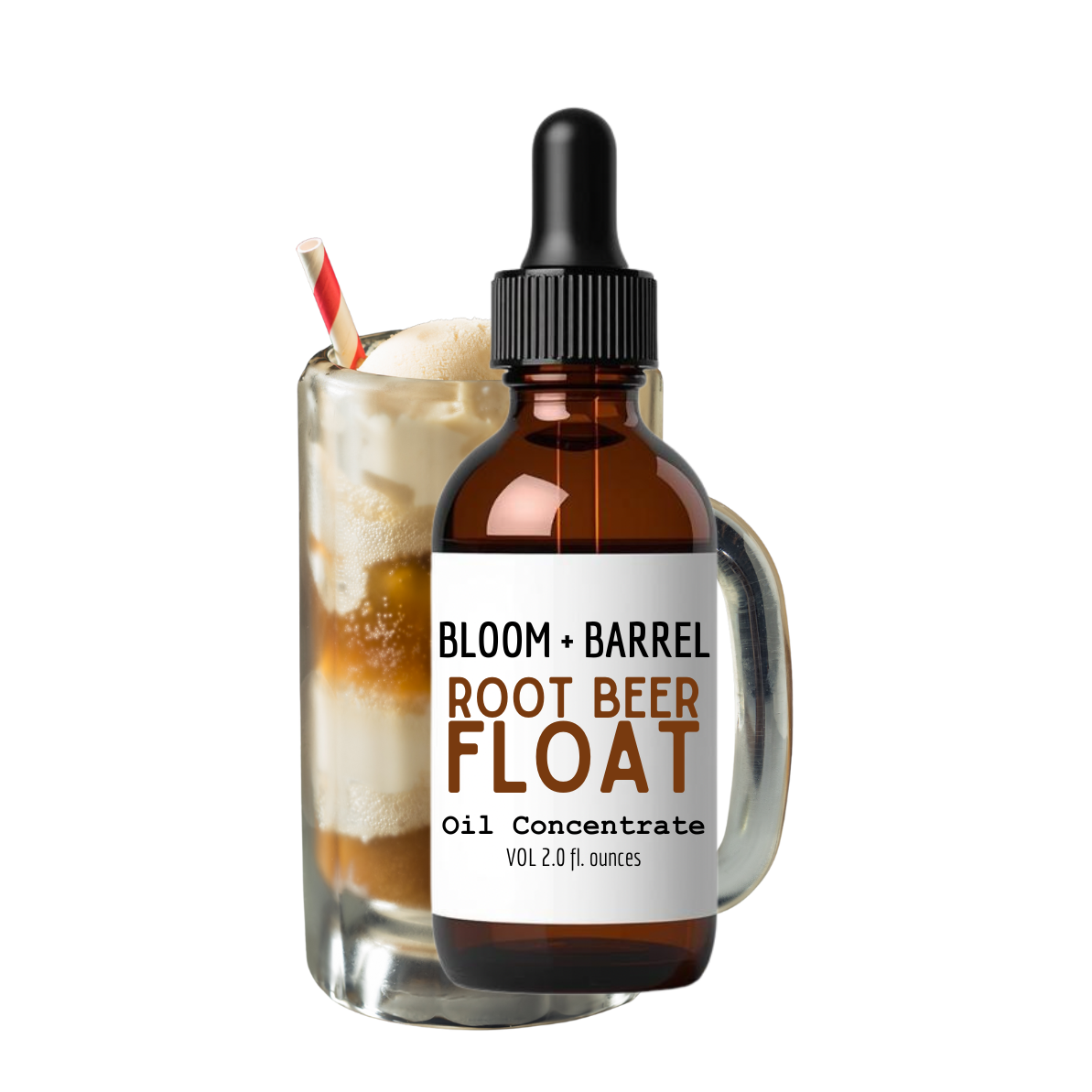 Bottle of Bloom + Barrel Root Beer Float oil concentrate with a glass of root beer float on a white background