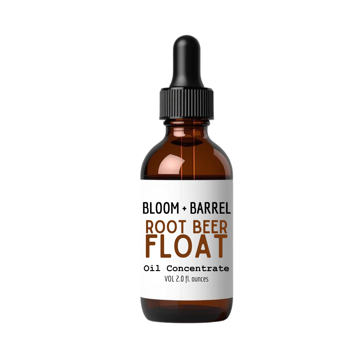 Bottle of Bloom + Barrel Root Beer Float oil concentrate on a white background