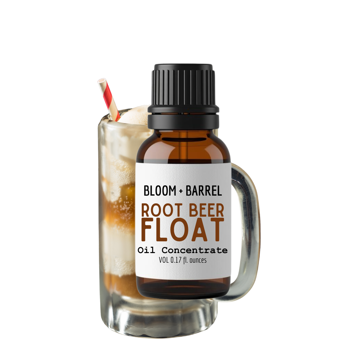 Bottle of Bloom & Barrel Root Beer Float oil concentrate with a glass of root beer float on a white background