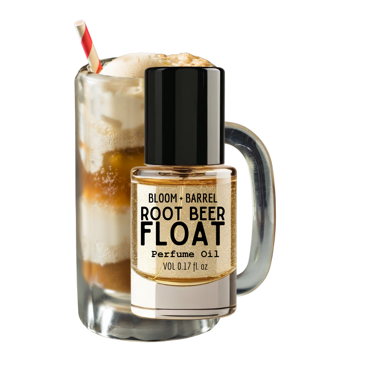 Perfume oil bottle labeled 'Root Beer Float' with a glass mug filled with a root beer float on a white background.
