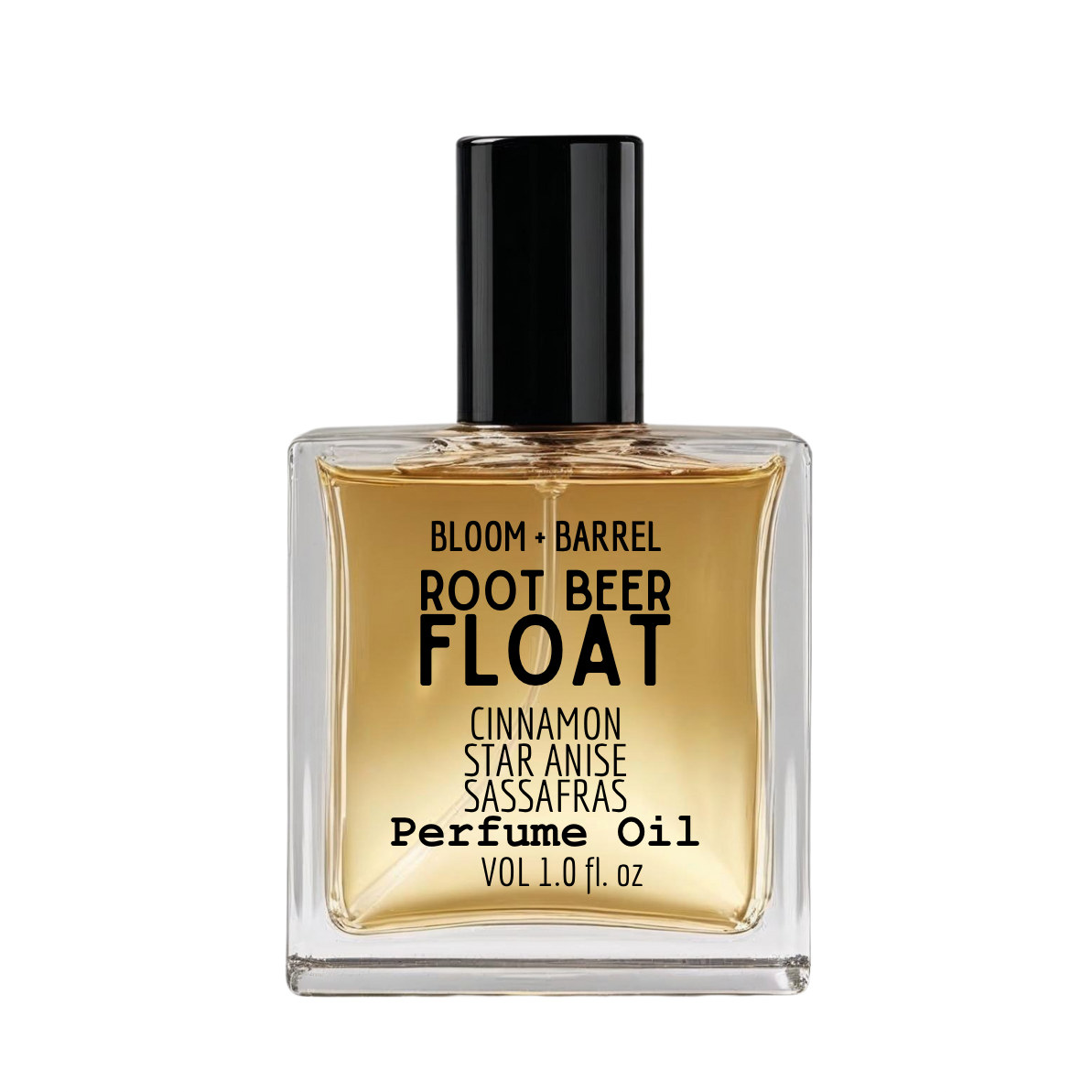 Perfume oil bottle labeled 'Root Beer Float' by Bloom & Barrel on a white background