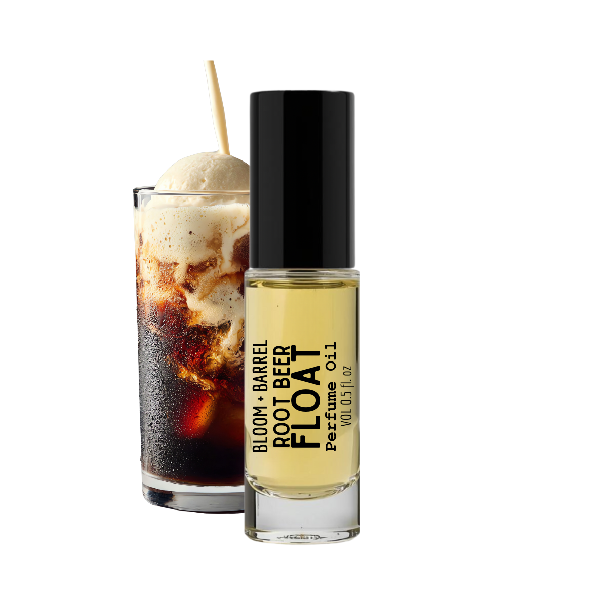 Perfume bottle labeled 'Root Beer Float' next to a glass of root beer and ice cream.