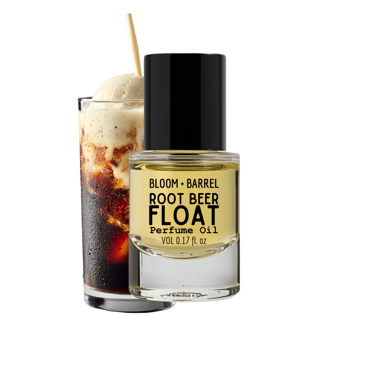 Perfume oil bottle labeled 'Root Beer Float' next to a glass of root beer float.