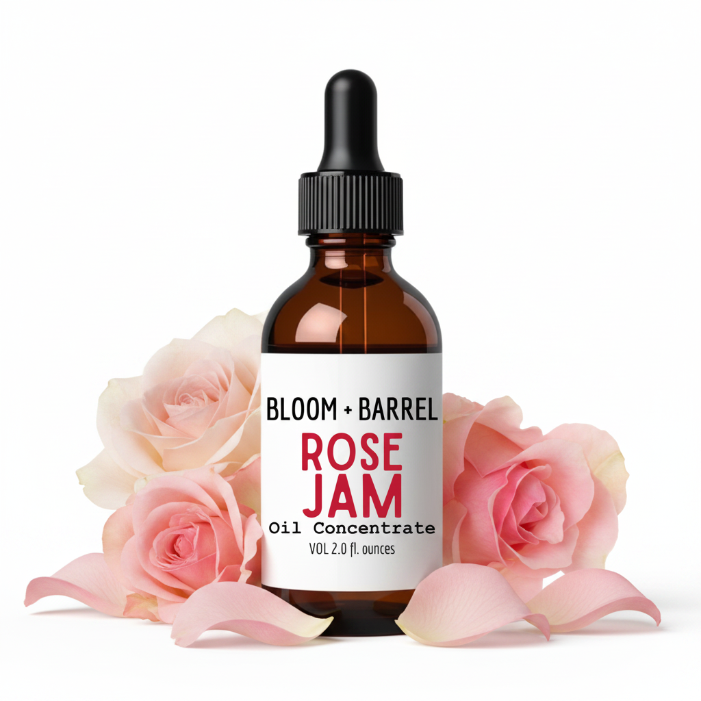 Bottle of Bloom + Barrel Rose Jam Oil Concentrate with pink roses in the background