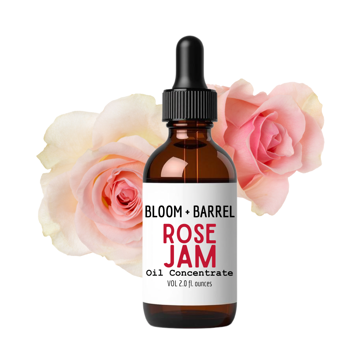 Bottle of Bloom + Barrel Rose Jam Oil Concentrate with pink roses in the background
