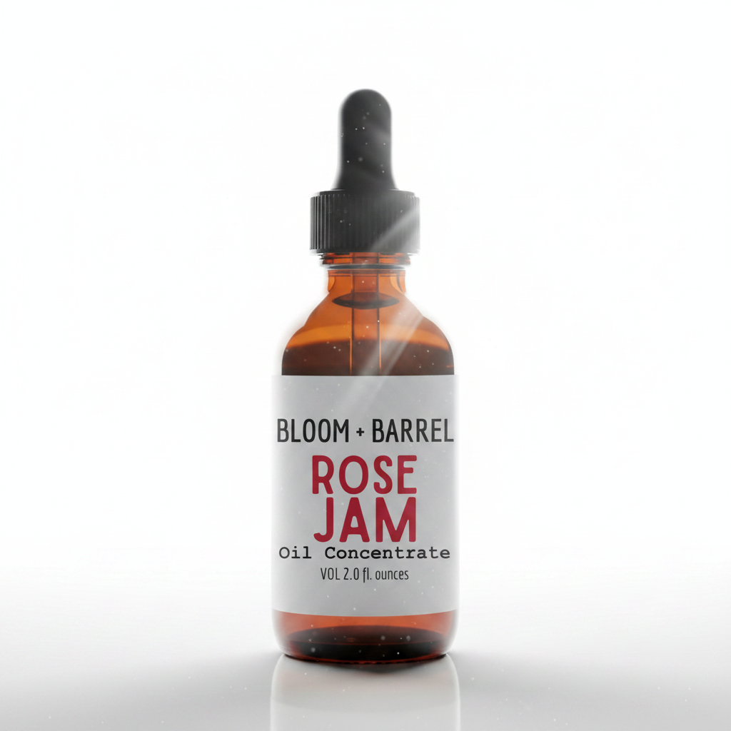 Bottle of Bloom + Barrel Rose Jam Oil Concentrate on a white background