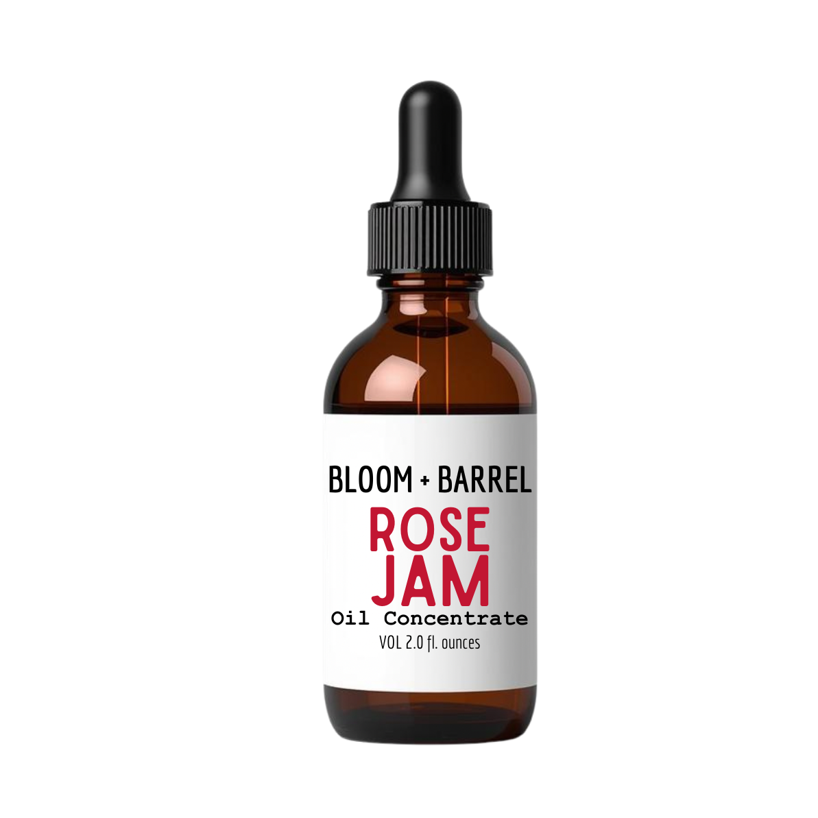 Bottle of Bloom + Barrel Rose Jam Oil Concentrate on a white background