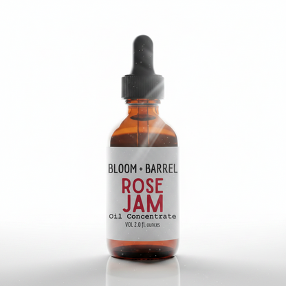 Bottle of Bloom + Barrel Rose Jam Oil Concentrate on a white background