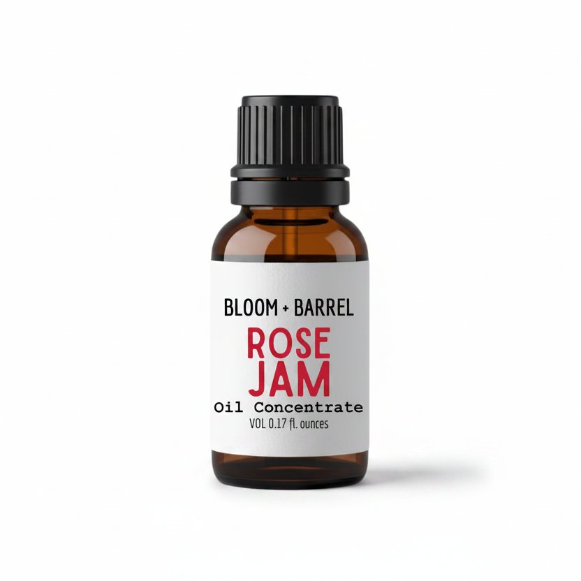 Bottle of Bloom & Barrel Rose Jam oil concentrate on a white background