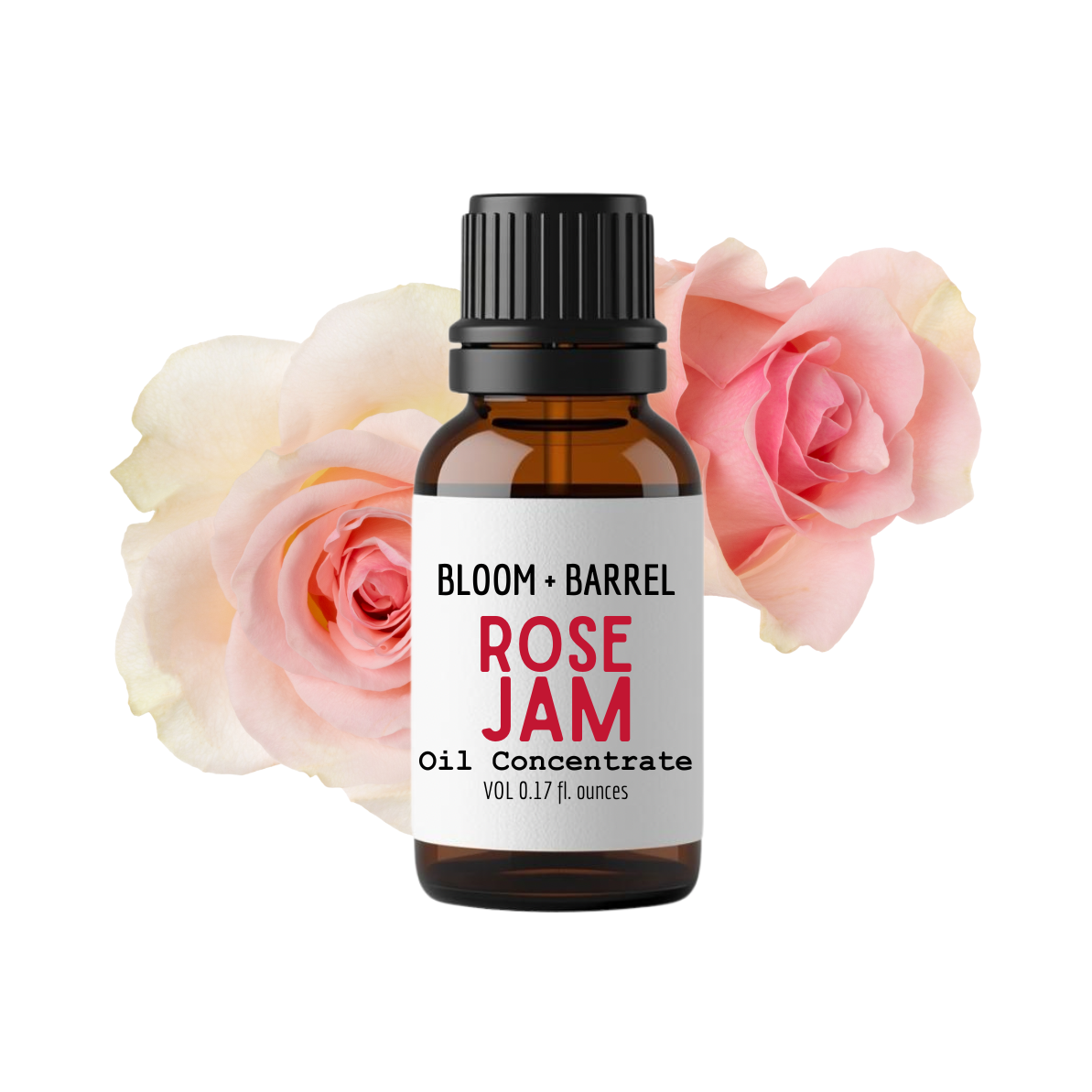 Bottle of Bloom & Barrel Rose Jam Oil Concentrate with pink roses on a white background