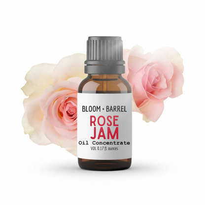 Bottle of Bloom & Barrel Rose Jam Oil Concentrate with pink roses on a white background