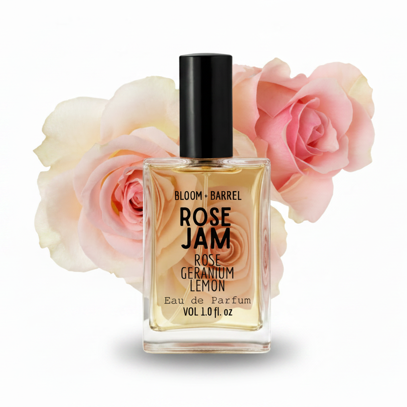 Perfume bottle labeled 'Rose Jam' with pink roses in the background