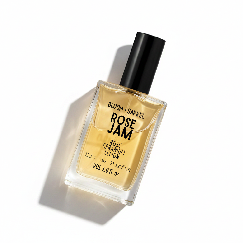 Perfume bottle labeled 'Rose Jam' by Bloom & Barrel on a white background