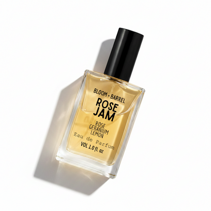 Perfume bottle labeled 'Rose Jam' by Bloom & Barrel on a white background