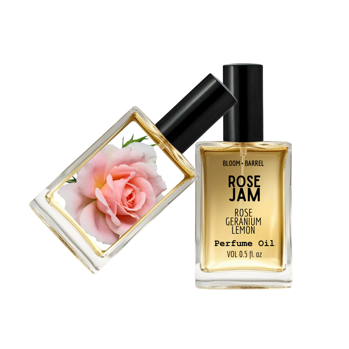 Perfume oil bottle with a pink rose design on the cap and 'Rose Jam' label.