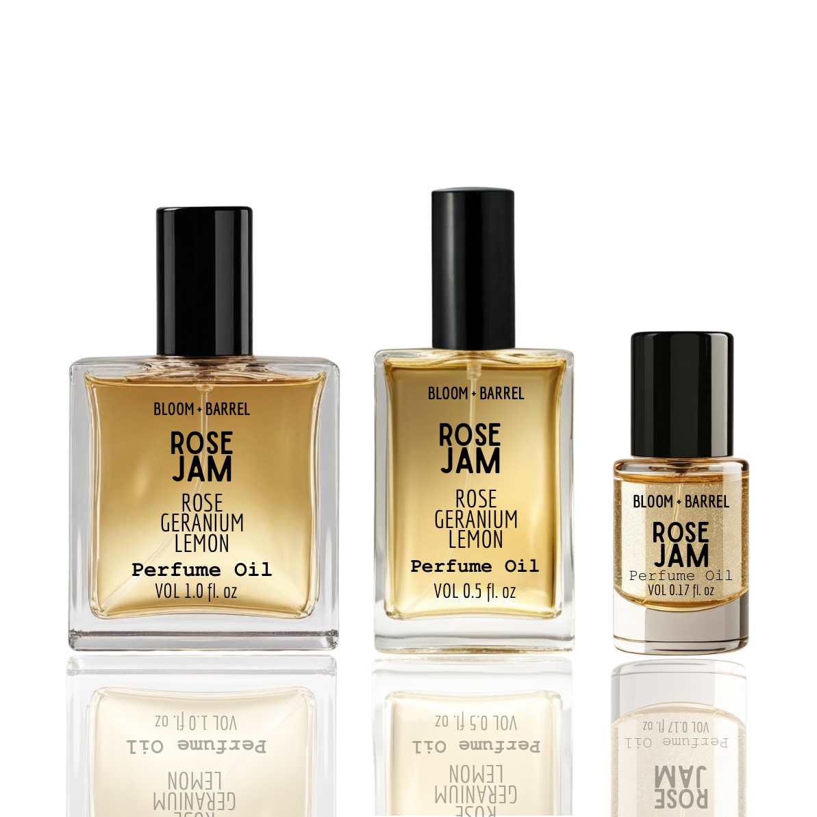 Three bottles of Bloom & Barrel Rose Jam perfume oil on a white background