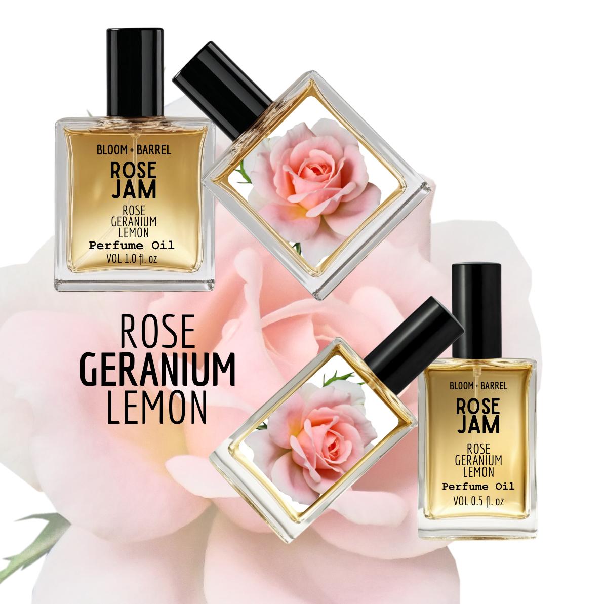 Perfume bottles with 'Rose Geranium Lemon' and 'Rose Jam' labels, surrounded by pink flowers on a white background.