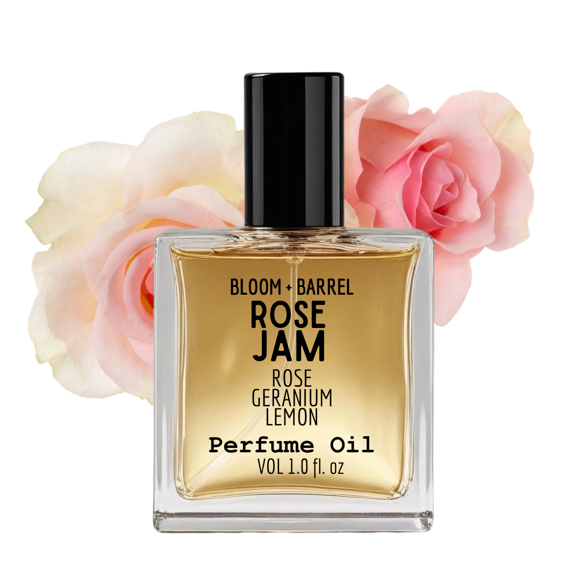 Perfume oil bottle labeled 'Rose Jam' with roses in the background