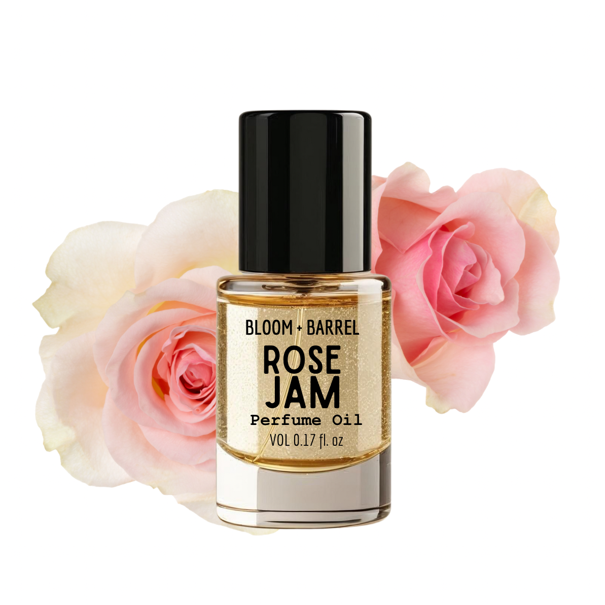 Bottle of Bloom & Barrel Rose Jam Perfume Oil with pink roses on a white background