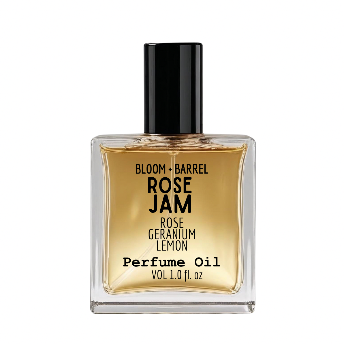 Perfume oil bottle labeled 'Rose Jam' by Bloom & Barrel on a white background
