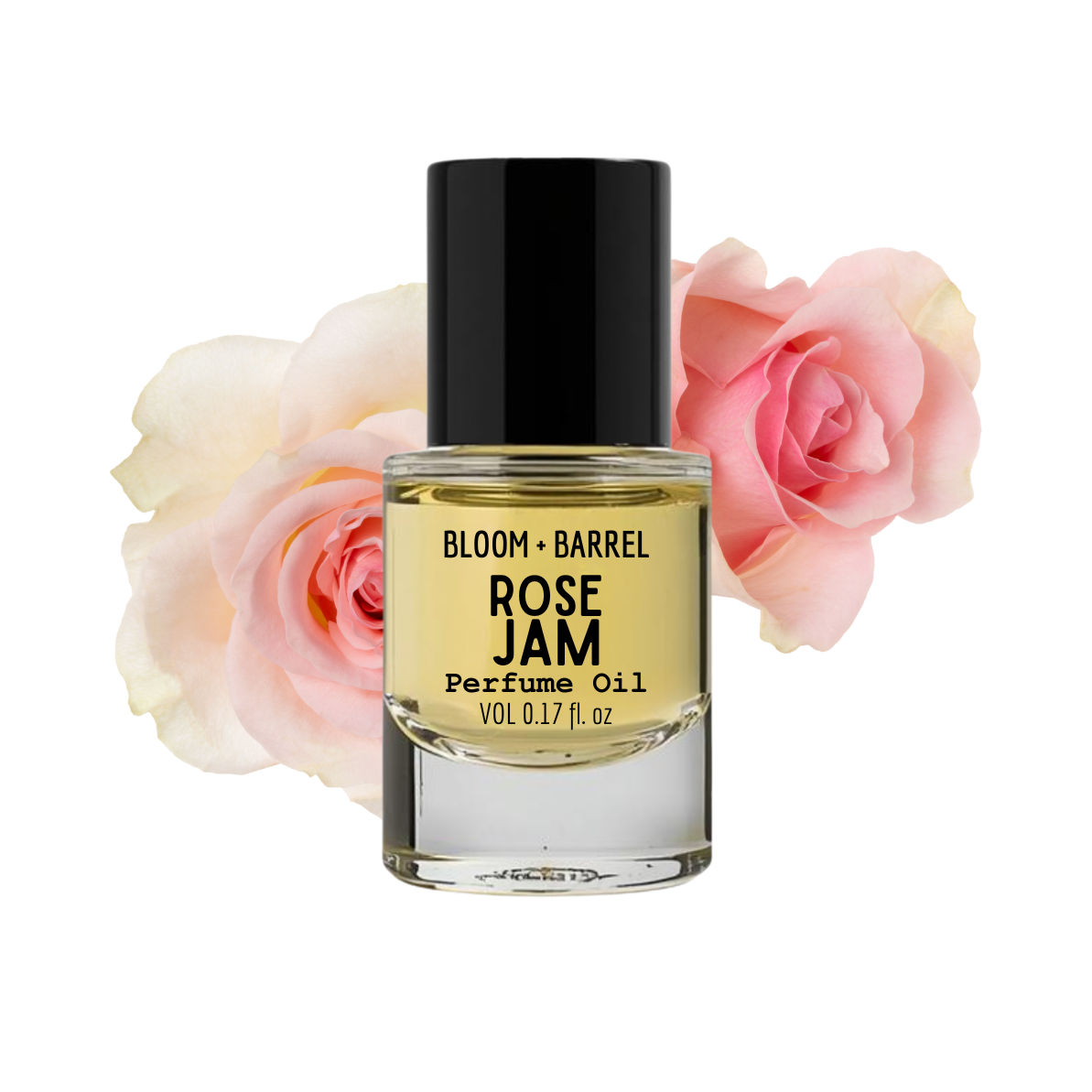 Perfume oil bottle labeled 'Rose Jam' with pink roses on a white background