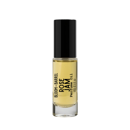 Perfume bottle labeled 'Rose Jam' by 'Bloom & Barrel' on a white background