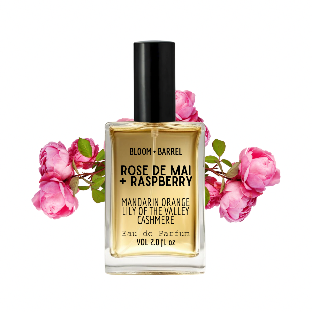 Perfume bottle with pink flowers on a white background