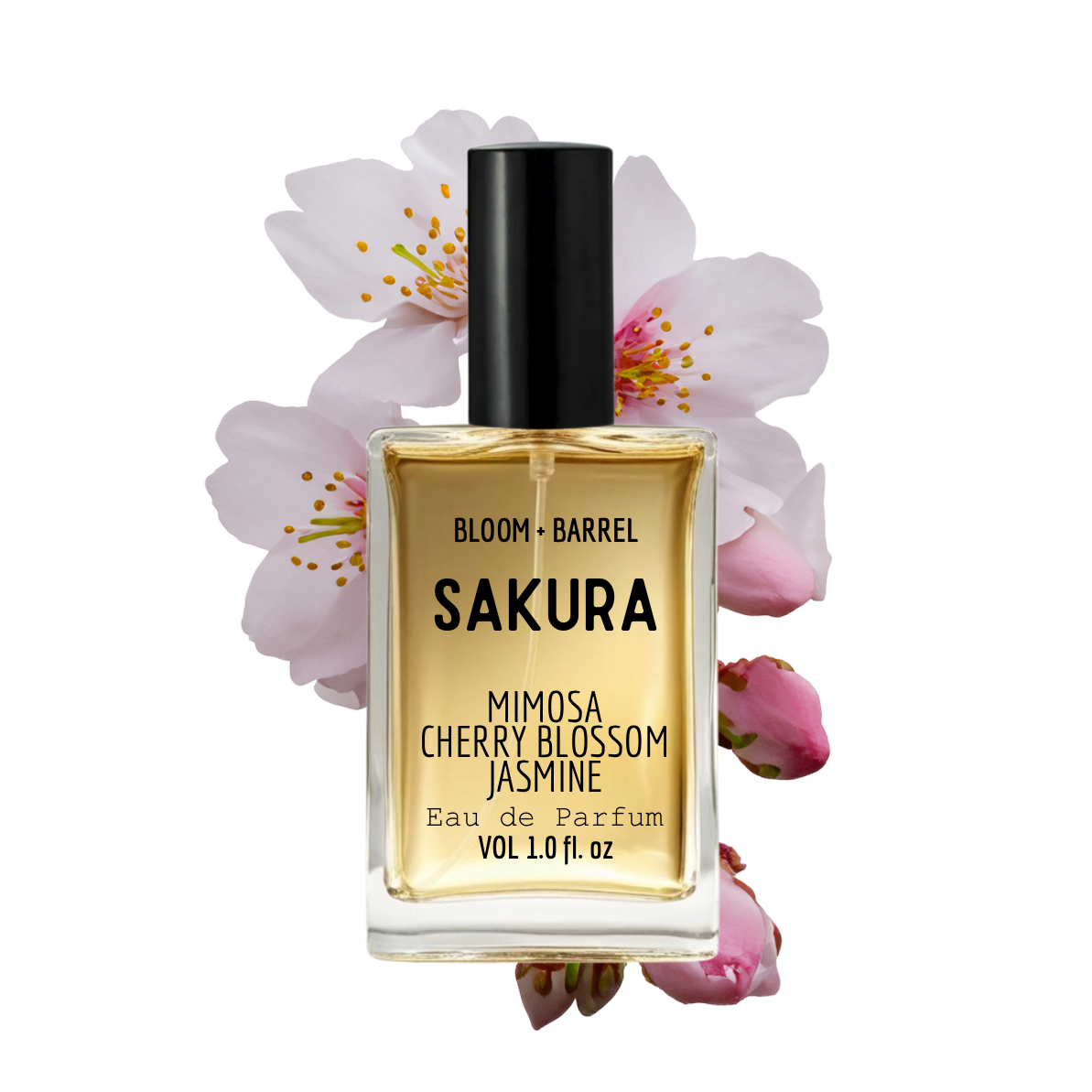 Perfume bottle labeled 'Sakura' with cherry blossoms in the background